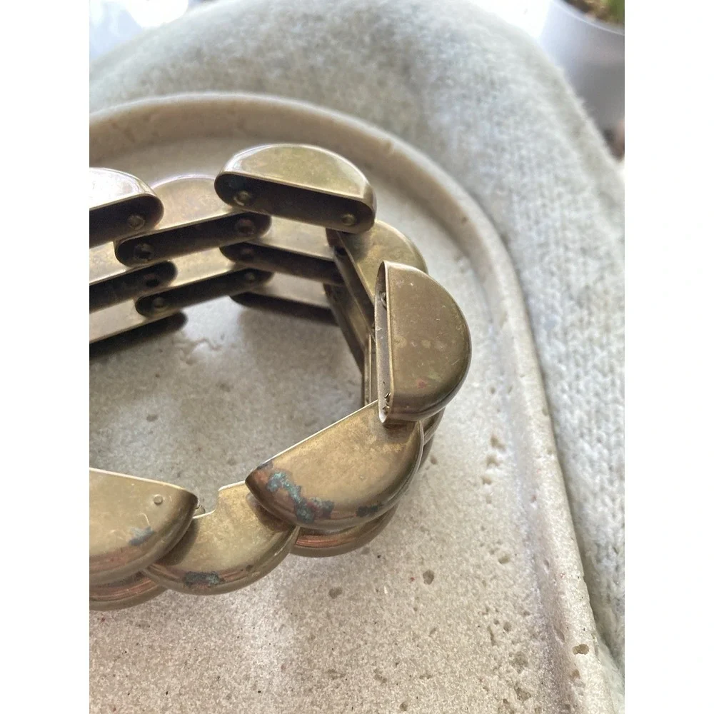 Copper Tank Bracelet Linked Patina Chunky‎ Collapsible Bold Vintage Brutalist